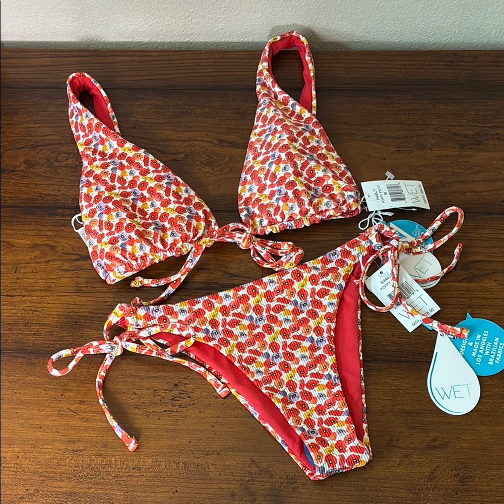New WET‎ Women Medium Poppy Print Tie Bikini Set Swimsuit Beach Vacation Resort